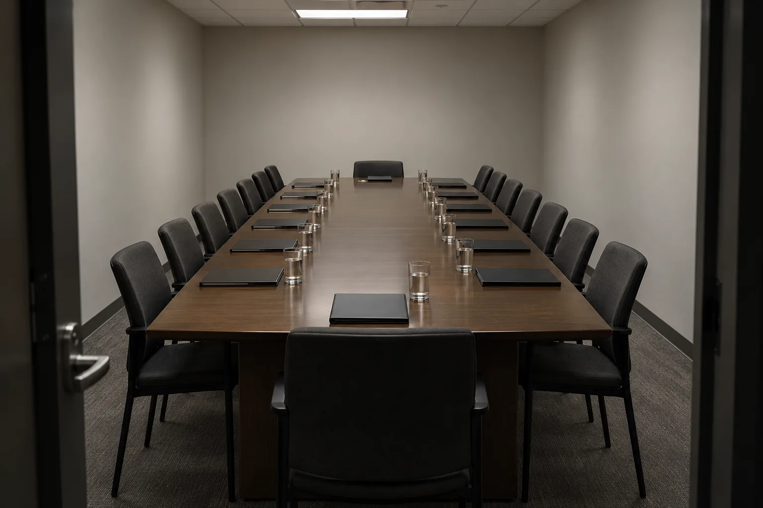 Photograph taken through an open door into a windowless meeting room, showing a long table set for about twenty people with a closed folder and a glass of water at every place and every chair empty.