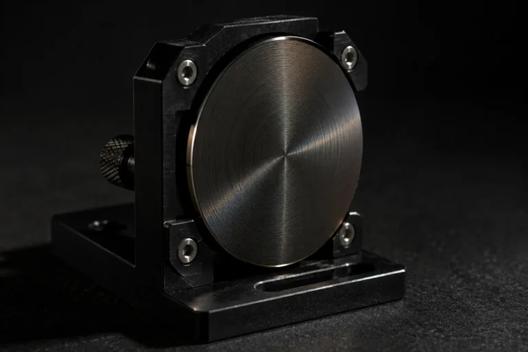 Close studio photograph of a small circular optical plate of dark metal held in a black anodized mount, lit from a low angle so the finely etched concentric rings across its face catch the light. It sits alone on a matte black surface with everything else falling away into darkness.