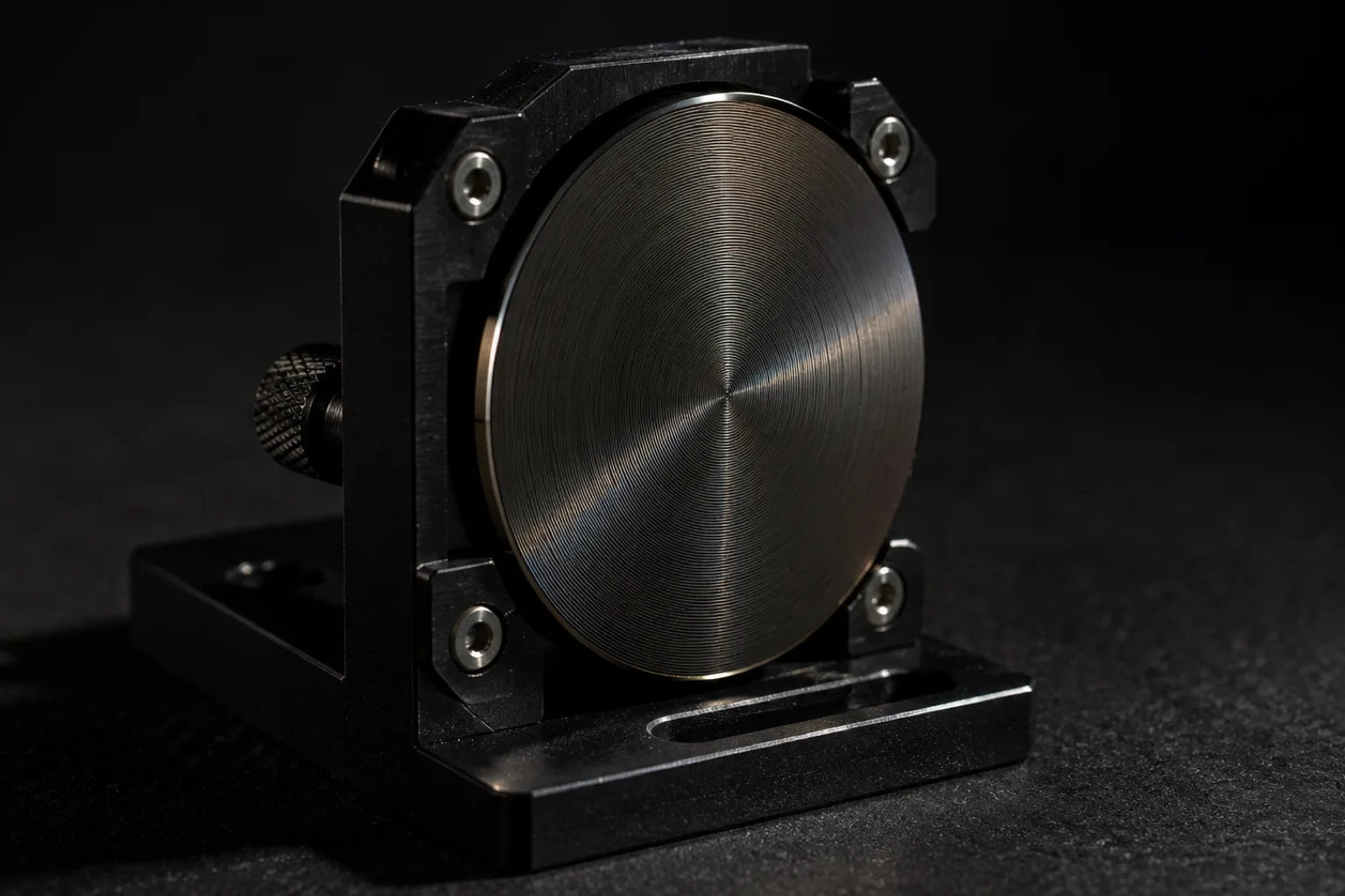 Close studio photograph of a small circular optical plate of dark metal held in a black anodized mount, lit from a low angle so the finely etched concentric rings across its face catch the light. It sits alone on a matte black surface with everything else falling away into darkness.