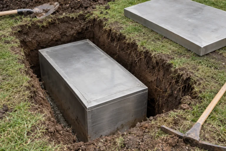 Photograph of a sealed stainless steel time capsule box sitting in a freshly dug rectangular hole in a lawn, with a second flat steel cover plate resting on the grass beside it and a spade and a pick at the edges of the frame.