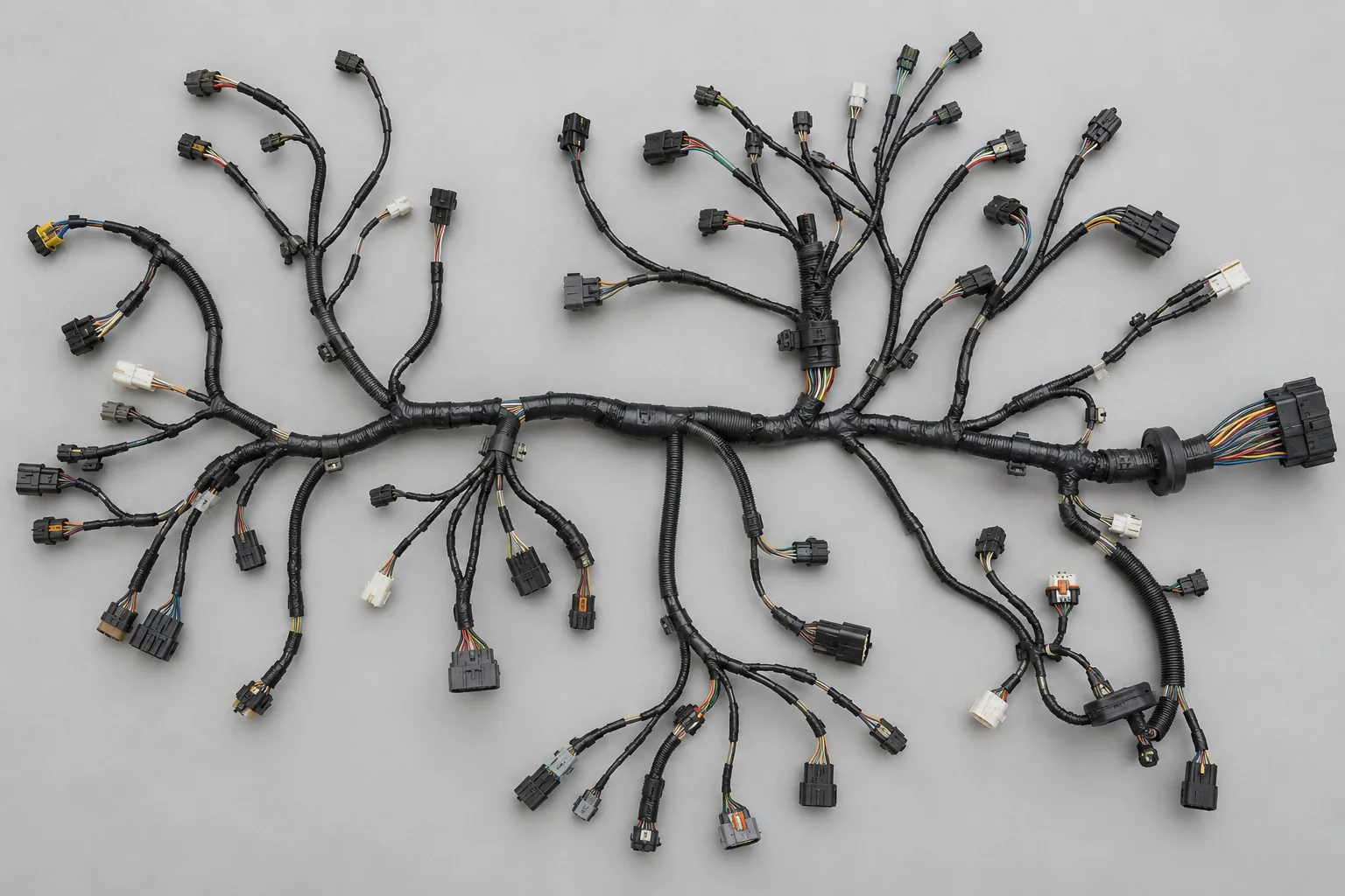 Photograph of a complete automotive wiring harness laid out flat on a gray surface, its taped black trunk branching into dozens of numbered connectors that spread symmetrically across the frame.