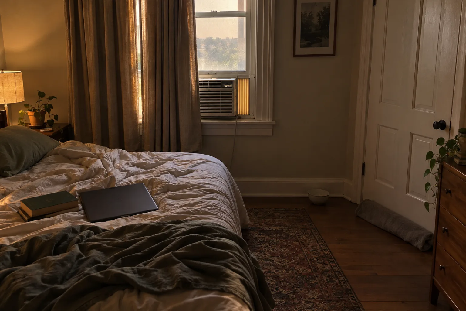 Photograph of a bedroom in the late afternoon with a window mounted air conditioning unit running in the lower sash, its cord trailing down the wall. The bed is unmade and holds a closed laptop and a book, and the rest of the room is in warm shadow.