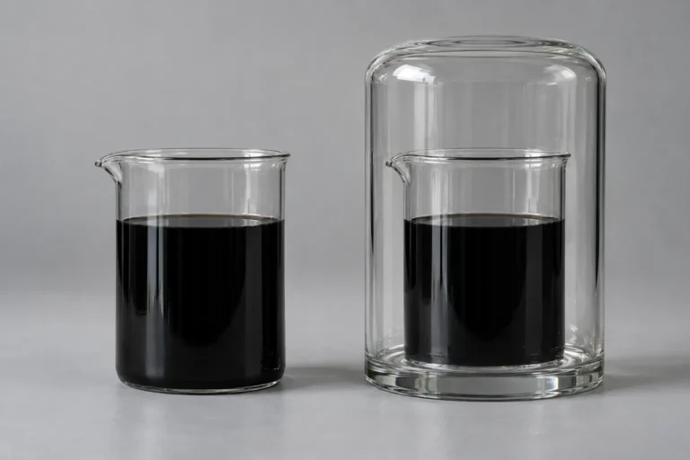 Photograph of two identical glass beakers of black liquid filled to the same level on a plain gray surface, one standing in the open and the other sealed inside a taller glass cylinder that covers it completely.