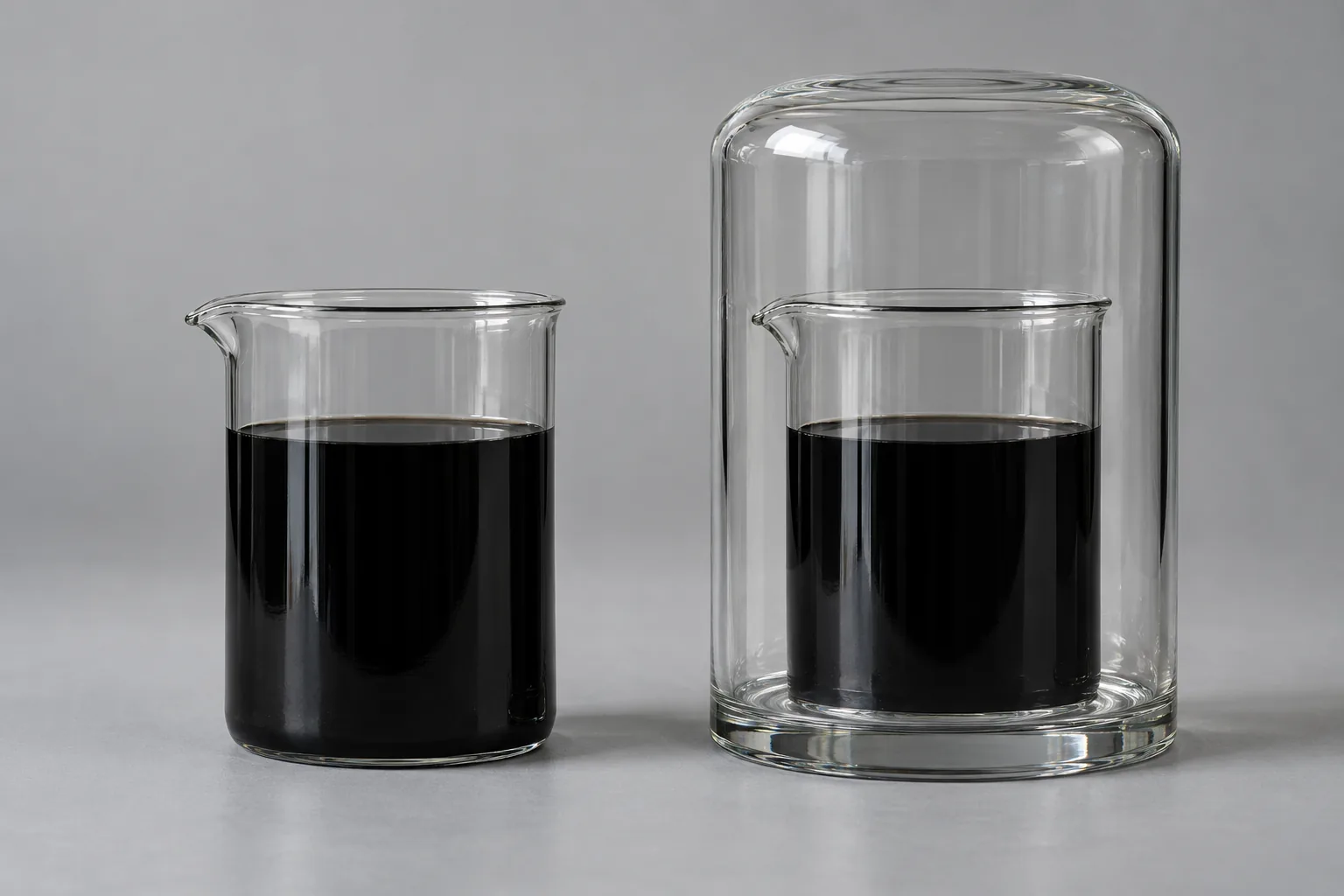 Photograph of two identical glass beakers of black liquid filled to the same level on a plain gray surface, one standing in the open and the other sealed inside a taller glass cylinder that covers it completely.