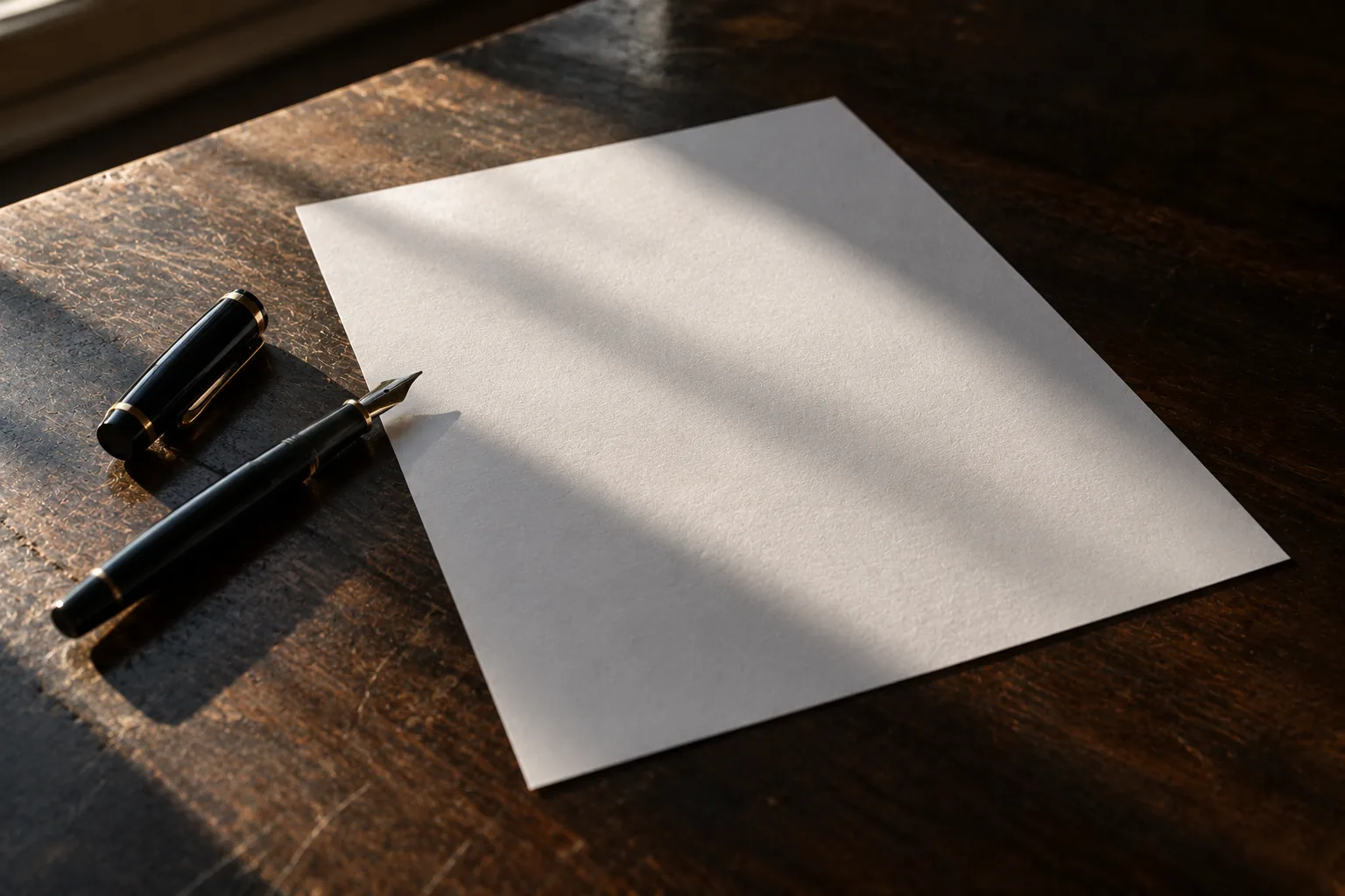 Photograph of a single blank sheet of paper on a dark wooden desk with an uncapped fountain pen and its cap lying beside it, lit by hard window light that lays a band of shadow across the page.
