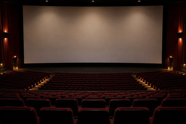 Photograph taken from the back row of a large empty cinema auditorium, looking forward at a blank softly lit screen that fills most of the frame. Hundreds of empty dark red seats curve away below it, with faint aisle lights along the steps.