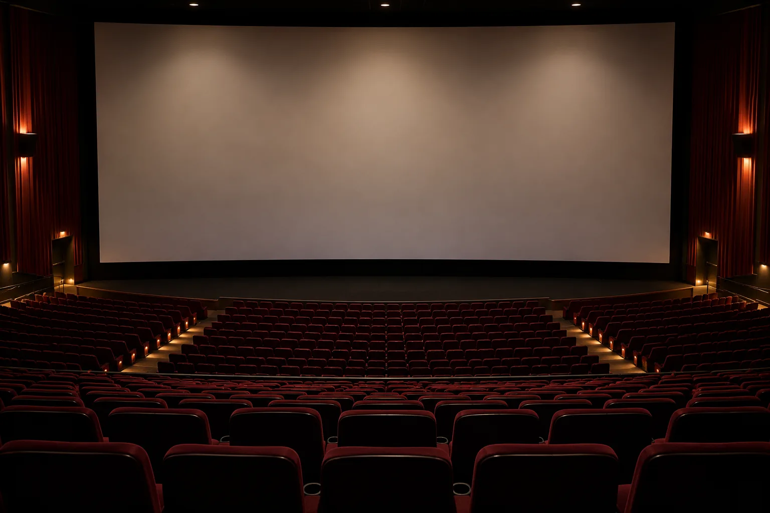Photograph taken from the back row of a large empty cinema auditorium, looking forward at a blank softly lit screen that fills most of the frame. Hundreds of empty dark red seats curve away below it, with faint aisle lights along the steps.