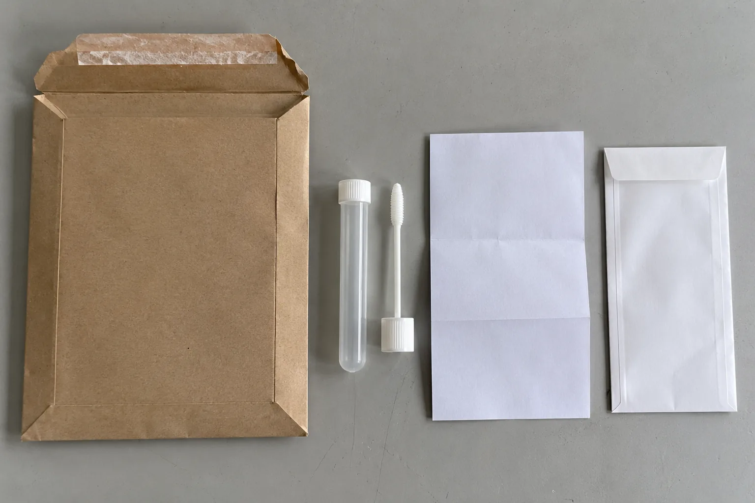Overhead photograph of the contents of a mail in sample kit laid out on a gray surface: a padded brown envelope, a sealed plastic collection tube, a swab, a folded blank instruction sheet and a small white return envelope.