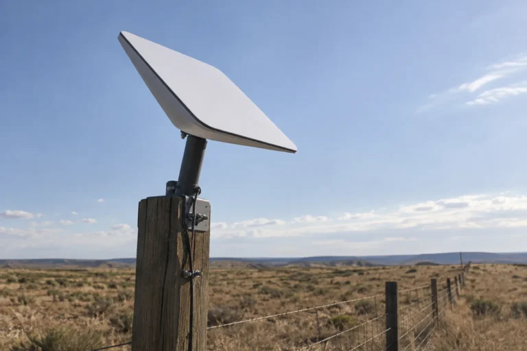Photograph of a small flat white satellite terminal bolted to a plain wooden fence post in open dry grazing land, shot from below against a wide pale sky. The dish face is blank and unbranded and angled upward, with a wire fence running off to the right and no buildings anywhere.
