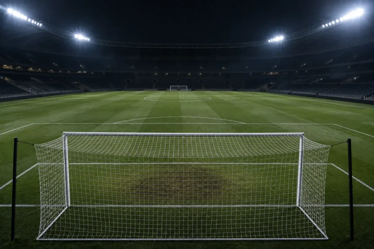 Photograph of an empty floodlit stadium shot from behind one goal, the net filling the foreground and the pitch running away to the far goal. The six yard area is scuffed bare of grass and the stands are completely dark and empty.