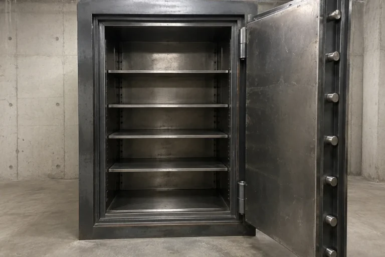 Photograph of a very large steel safe standing open in a plain concrete room, shot straight on. The heavy door is swung wide with its locking bolts showing along the edge, and the four interior shelves are completely bare.