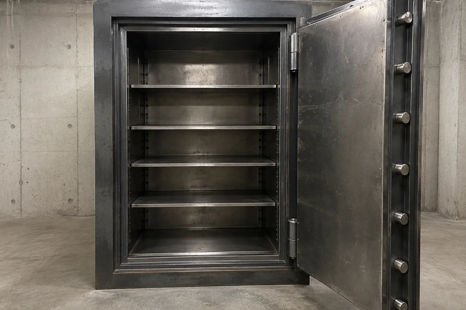 Photograph of a very large steel safe standing open in a plain concrete room, shot straight on. The heavy door is swung wide with its locking bolts showing along the edge, and the four interior shelves are completely bare.
