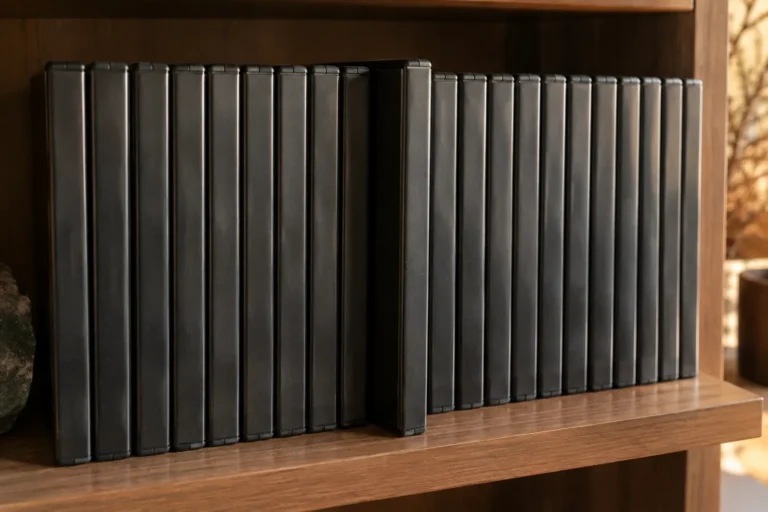 Photograph of a row of plain black optical disc cases standing upright on a wooden shelf, none of them bearing any readable label, with one case pulled forward a little out of the line.