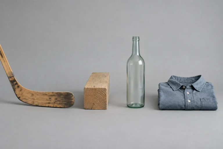 Studio photograph of four unrelated ordinary objects arranged in an evenly spaced row on a pale gray background: a plain wooden hockey stick blade, a short length of sawn timber, an unlabeled glass bottle and a folded cotton shirt. All are unbranded, lit with even diffuse light.