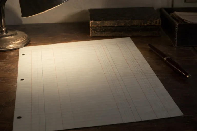 Photograph of a single sheet of plain accounting paper on a wooden desk, ruled into narrow columns and entirely blank. A dull metal desk lamp casts a pool of light across the upper half of the sheet while the lower half falls into shadow, and a pen rests to one side.