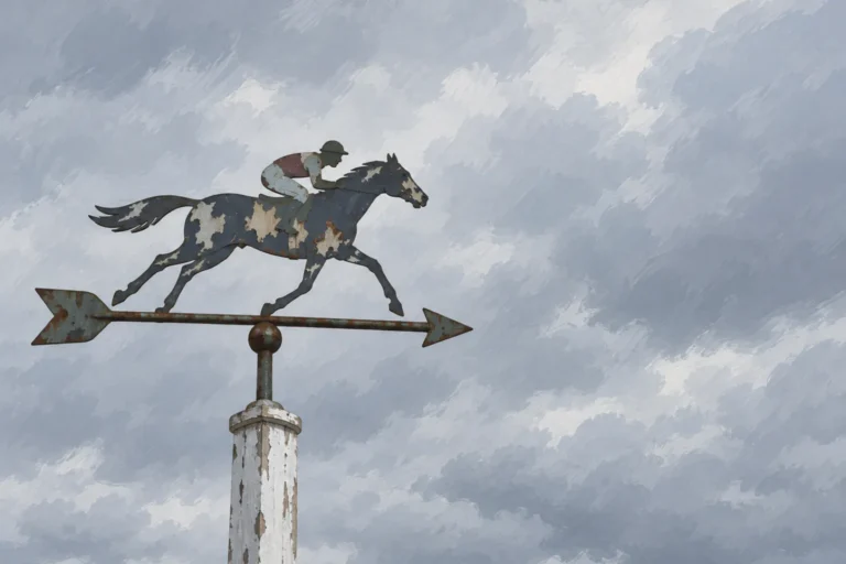 A horse and rider weathervane seen from below against a large plain overcast sky, mounted on a simple white painted post. The paint on the horse and rider is old and flaking, several layers showing through where it has chipped, and the colors are faded past identifying.