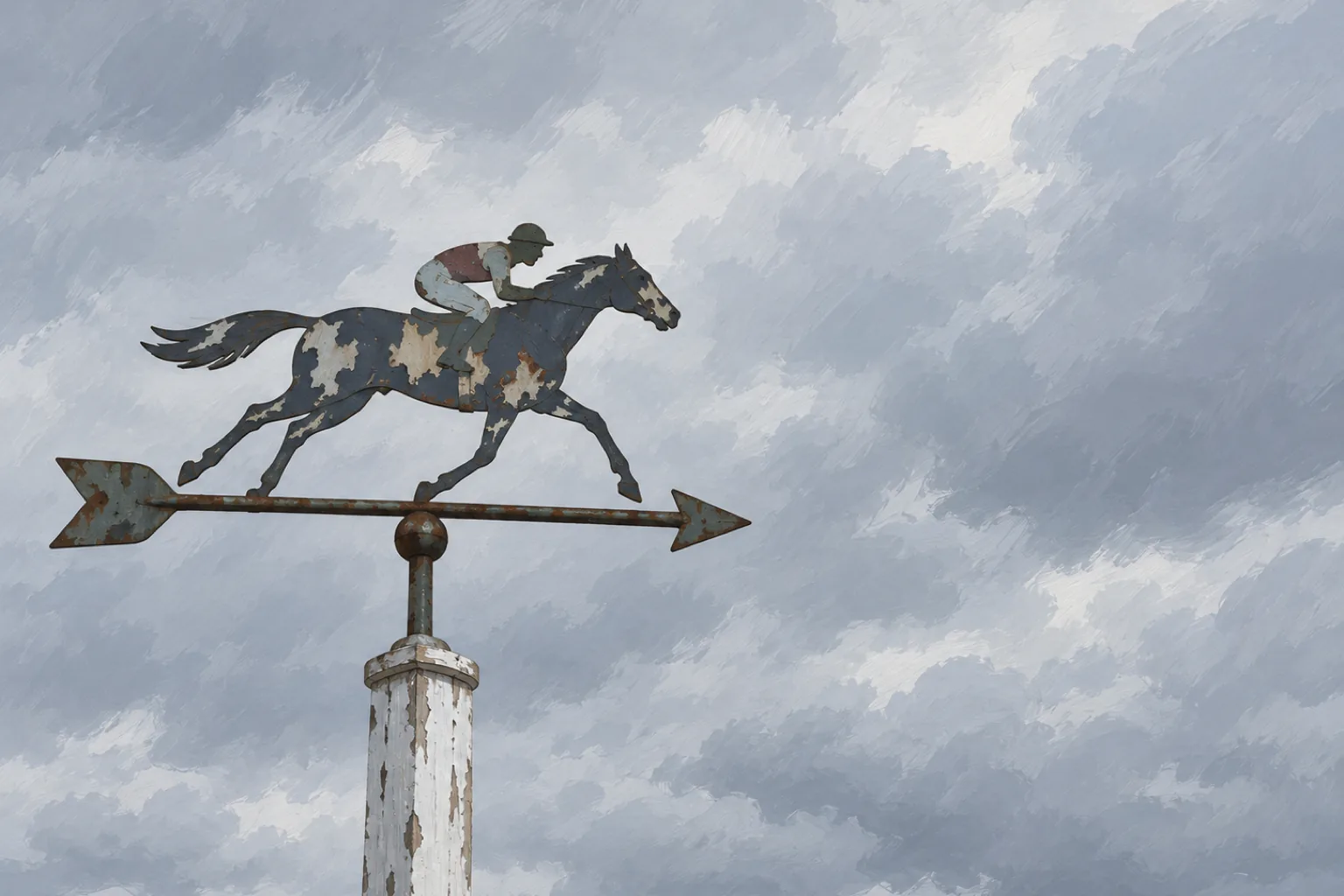 A horse and rider weathervane seen from below against a large plain overcast sky, mounted on a simple white painted post. The paint on the horse and rider is old and flaking, several layers showing through where it has chipped, and the colors are faded past identifying.