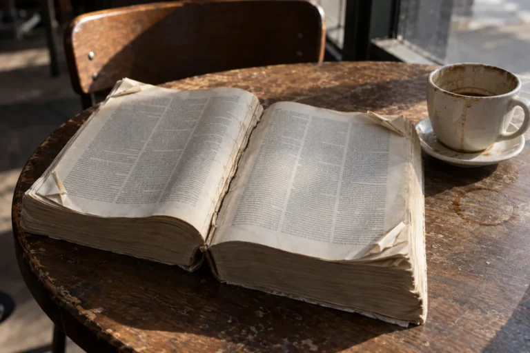 Photograph of a very thick paperback program lying open face down on a cafe table, spine cracked and corners turned down throughout. The visible pages are dense with tiny uniform blocks of gray text in narrow columns, and a used coffee cup sits beside it on a saucer.