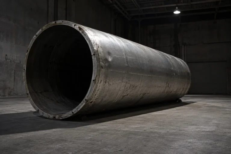 Photograph of a large empty cylindrical aluminum tank lying on its side on a bare concrete floor in a dim industrial space, one end open and dark. The metal is dull and slightly dented, nothing is attached to it, and a single overhead light throws a long shadow across the floor.