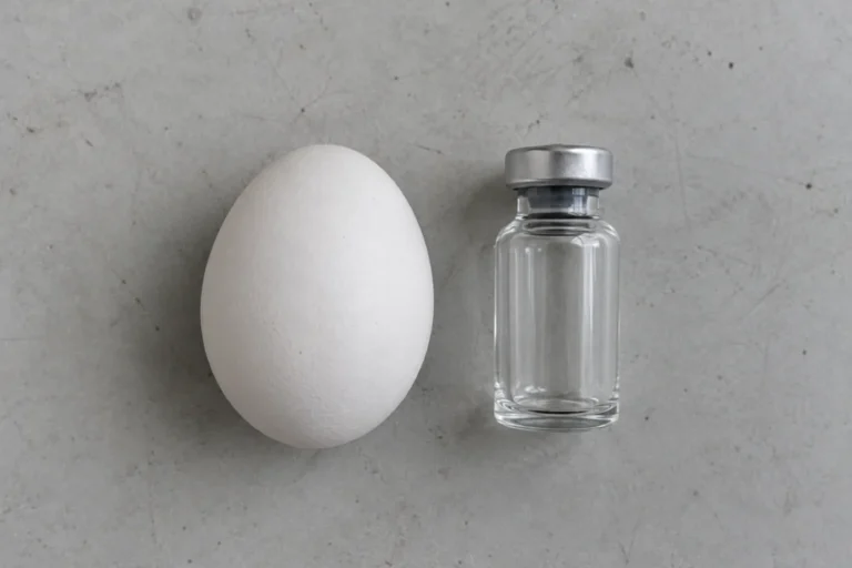 Overhead photograph of a single white chicken egg and a small empty clear glass vial standing side by side on a pale gray laboratory bench. Both are plain and unlabeled, lit evenly from above, with nothing else on the bench.