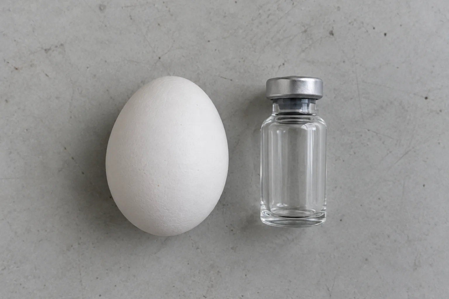 Overhead photograph of a single white chicken egg and a small empty clear glass vial standing side by side on a pale gray laboratory bench. Both are plain and unlabeled, lit evenly from above, with nothing else on the bench.