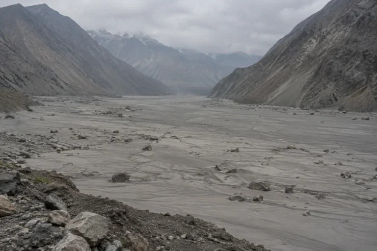 Wide photograph of a broad river valley floor covered in fresh gray sediment and scattered boulders, the surface smooth and featureless where the deposit has settled. Steep valley walls rise on both sides under flat overcast light, with no water and no vegetation on the deposit.