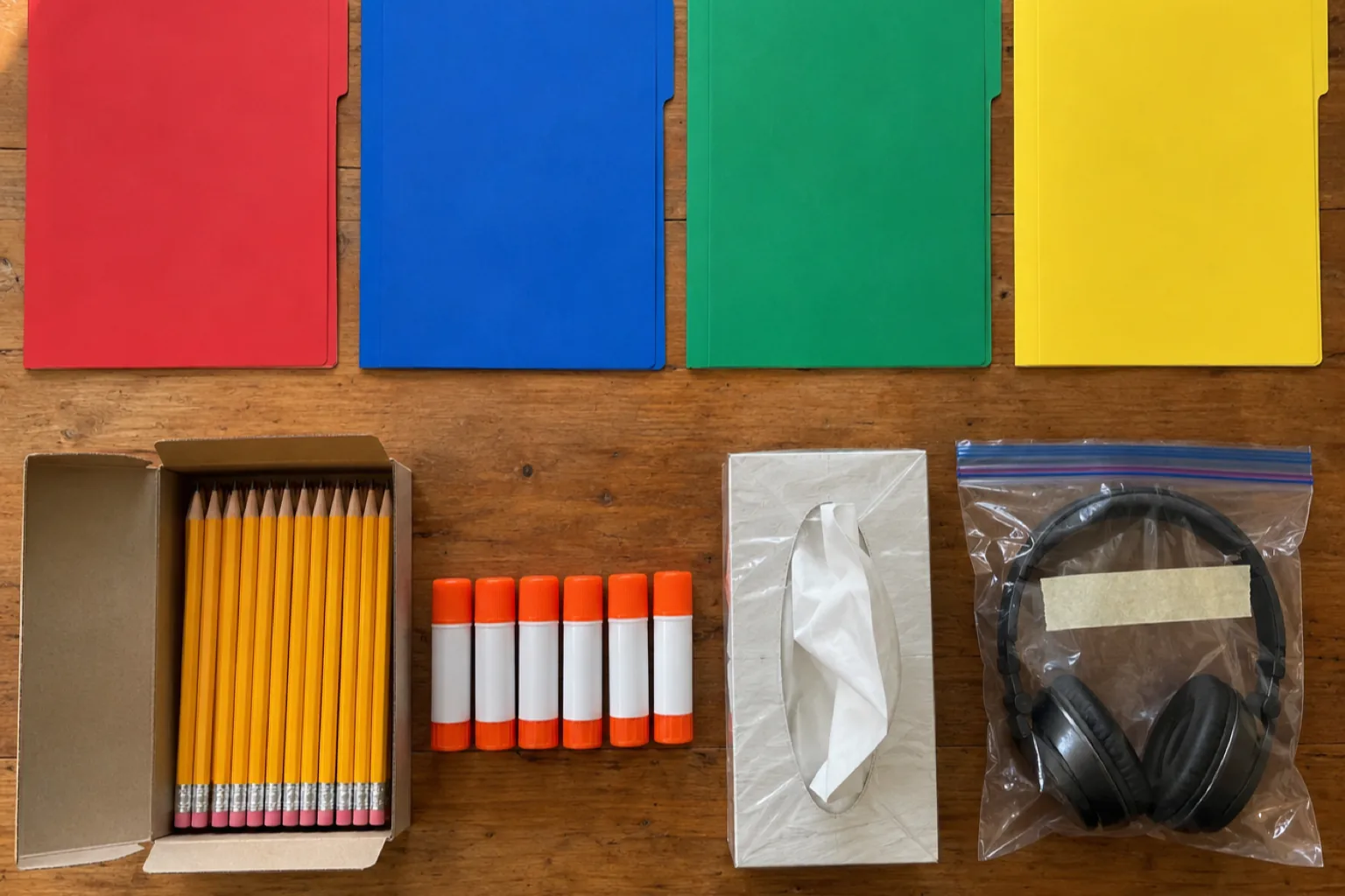 Overhead photograph of school supplies laid out in a grid on a wooden kitchen table: four plain folders in red, blue, green and yellow along the top, an open box of sharpened yellow pencils, six glue sticks in a row, a wrapped box of tissues, and a pair of headphones in a clear bag with masking tape across the front.