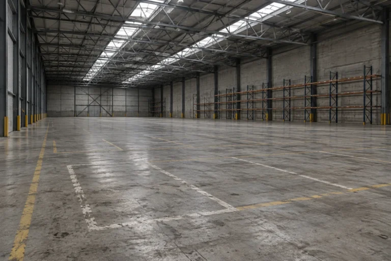 Photograph of a very large empty warehouse interior shot from floor level down the length of the space. The concrete floor carries faded painted lane lines and rectangles where stored items used to sit, a few empty steel racks stand along one wall, and flat daylight comes through skylights in the steel trusses overhead.