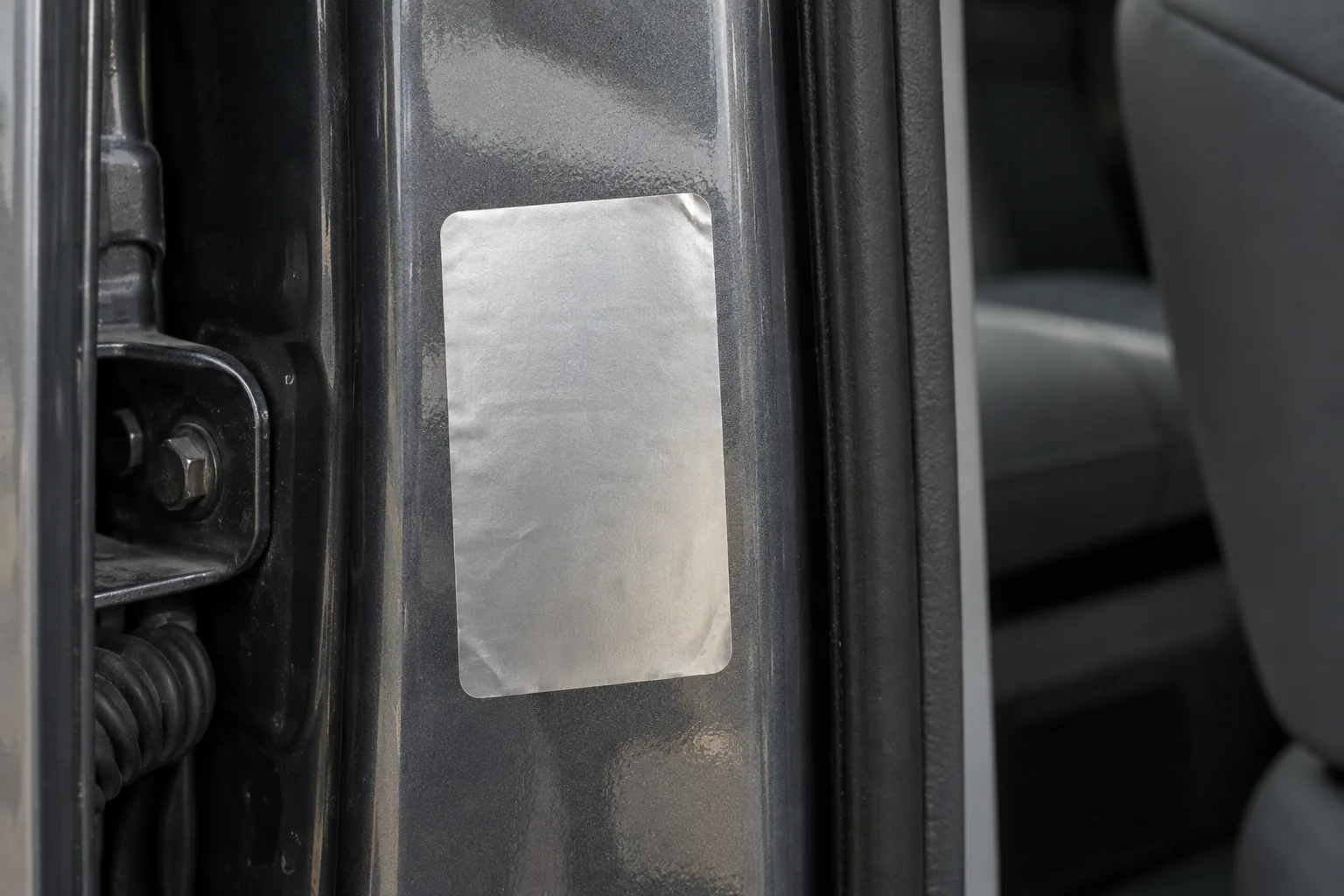 Tight close photograph of a blank silver foil compliance label stuck to the painted metal edge of an open car door frame, slightly creased at one corner. There is no printing on it of any kind, and a sliver of plain gray interior sits out of focus beyond.