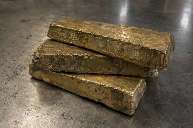 Close photograph of three rough cast metal bars stacked unevenly on a plain steel bench, dull yellow and visibly crude, with pitted surfaces, uneven edges and a casting seam along one side. They read as industrial rather than precious.
