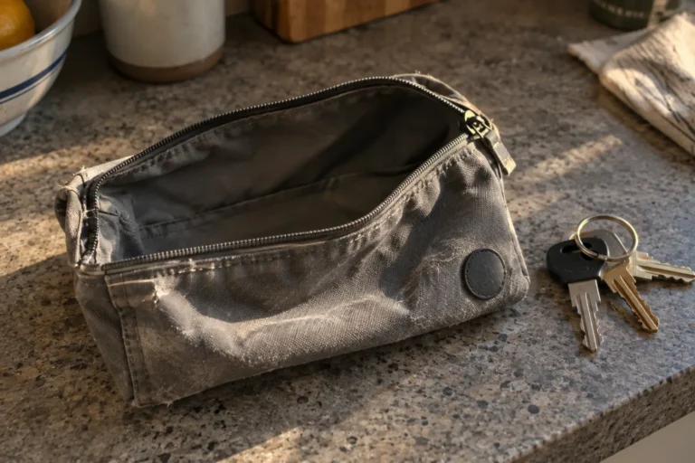 Close photograph of a scuffed gray fabric pouch about the size of a paperback lying open and empty on a kitchen counter, a small hard disc sewn into one bottom corner. A set of house keys lies beside it in warm late afternoon light.