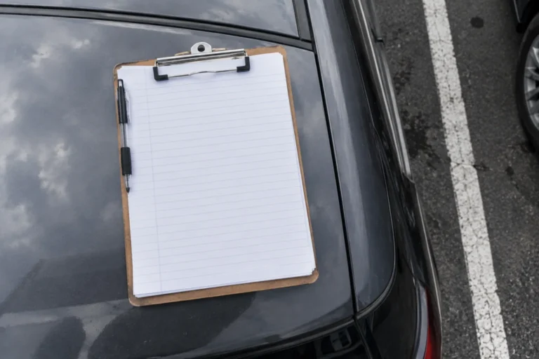 Overhead photograph of a plain clipboard resting on the roof of a dark car in a parking lot, holding a stack of blank ruled forms with a pen clipped to the board. Painted parking lines are visible on the asphalt beyond under flat overcast daylight.